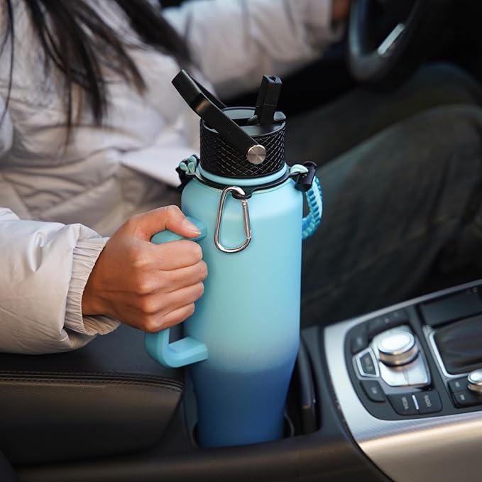 BJPKPK Insulated Water Bottles with Straw Lid, 35oz Metal Water Bottle with 2 lids & Paracord Strap, Double Wall Stainless Steel Tumbler with Handle, Reusable Cups, Mugs, Thermo, Sky