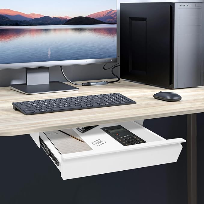 16" Under Desk Drawer Slide Out For Office Desk, Storage Organizer For Sit Stand Workstation, White