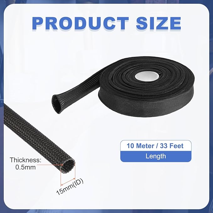 uxcell Insulation Cable Protector,15mm/0.59 Inch-10m/33 Feet High Temp Fiberglass Sleeve Black