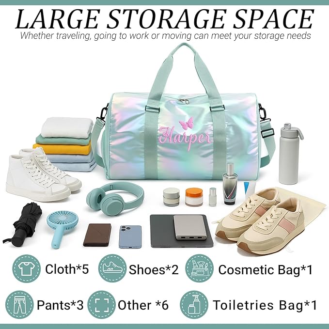 Personalized Dance Duffle Bag for Girls with Embroidered Name Custom Travel Duffle Sport Gym Bag for Women Cheerleading Weekender Overnight Luggage Bag with Shoe Compartment Customized Gifts Green