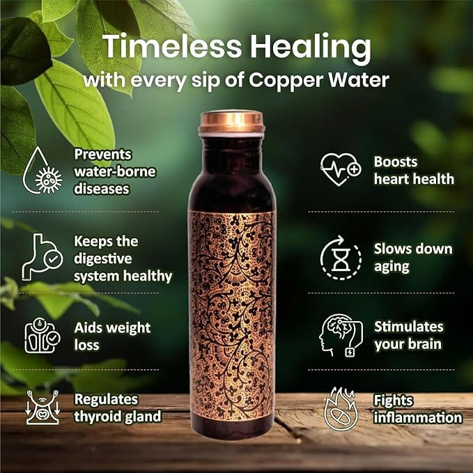 Floral Antique Copper Bottle and 2 Tumbler Set - 34oz Engraved Vessel with 10oz Cups - Indian Artisan Handcrafted - Premium Wellness Gift