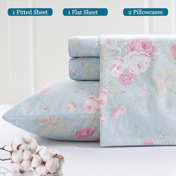 Zusbest Blue Floral Sheets Set Full Size 100% Cotton Pink Flowers Bed Sheet Shabby Vintage Chic Bedding Romantic Pastoral Style Original Design Soft Luxury Deep Pocket Fitted Sheet 17.5'', 4 Pcs