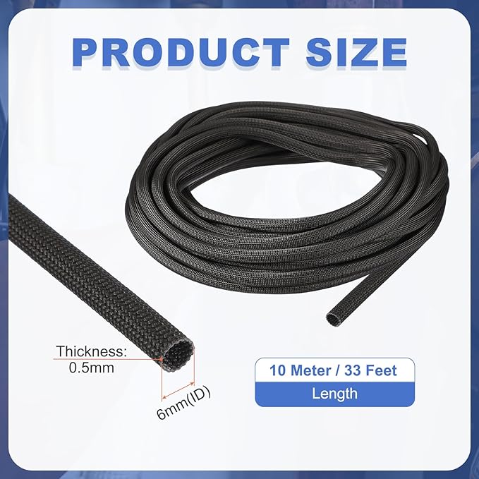 uxcell Insulation Cable Protector,6mm/0.24 Inch-10m/33 Feet High Temp Fiberglass Sleeve Black