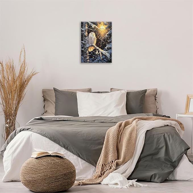 Owl Wall Art, Winter Snow Owl Pictures Wall Decor, Forest Animal Canvas Prints Painting, Framed Artwork for Bathroom Living Room Bedroom Office Dining Room 24"X20"