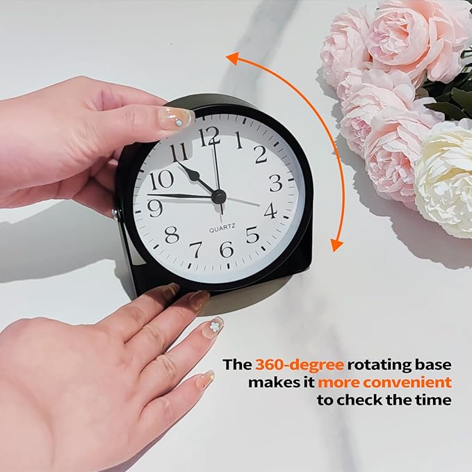 SCOAGE Small Luminous Desk Analog Alarm Clock Metal Bracket 360° Rotating Shelf Clock with Light Battery Powered Bedside Silent Cute Alarm Clock for Heavy Sleepers Elderly and Children Office Bathroom