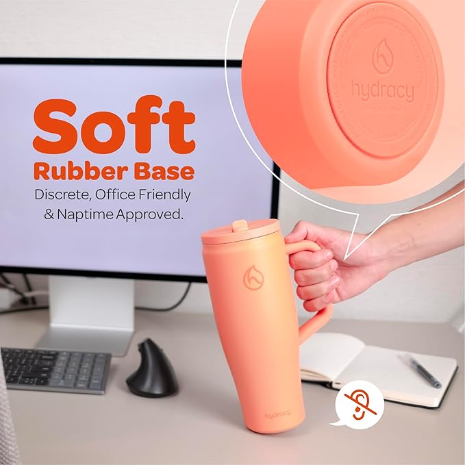 Hydracy 40oz Tumbler with Flip Straw Stainless Steel Insulated Water Bottle with Handle, Reusable Leakproof Rotatable Lid for Left or Right Hand Use, Cupholder Friendly Rubber Base - Coral Crush