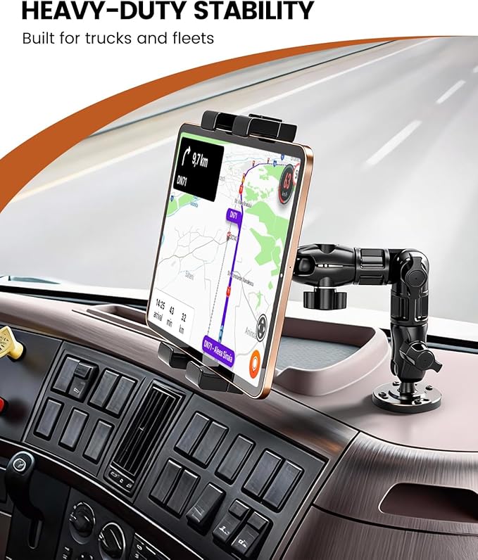 OHLPRO Heavy Duty Drill Base Tablet Holder for Car Dashboard, 360° Rotating Adjustable Arm, iPad Mount for Truck Fits 5–17 Inch Tablets, Secure Rubber-Padded Clamp for Commercial Vehicles & Wall