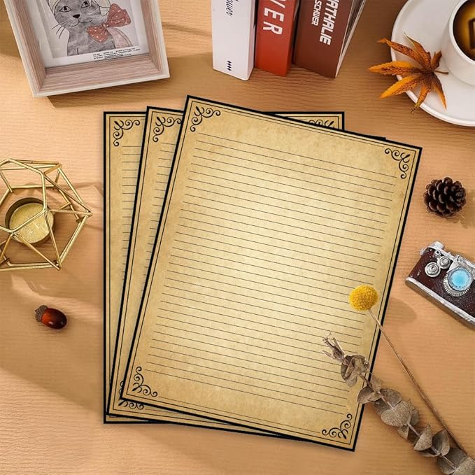 Vintage Lined Paper with Antique Border Design, 50 Sheets, Stationary Paper for Writing Letters, 100gsm, 11 x 8.5'', Aged Stationery for Writing Letters, Invitations, Stationery Writing Papers