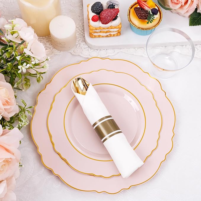 Liacere 350PCS Pink Plates Disposable - Pink and Gold Plates 50guest Baroque Plastic Dinnerware include 100Plates, 50Pack Pre Rolled Napkins with Silverware 50Cups Perfect for Valentine's Day