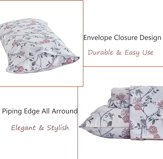 FADFAY Sheets Set Cal King Rustic Bird Floral Bed Sheets Set Vintage Botanical Bedding Shabby Branches Leaves Bedding Collections 100% Egyptian Cotton 17.7" Deep Pocket 4Pcs, California King Size