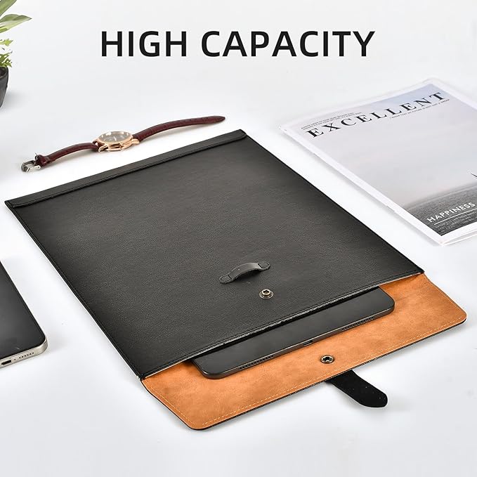 Black PU Leather File Folder, Snap Closure File Organizer, Important Document Folder, Document Organizer, Laptop Sleeve Notebook Case, Leather Folder A4 Envelopes Filing Folder 3PCS