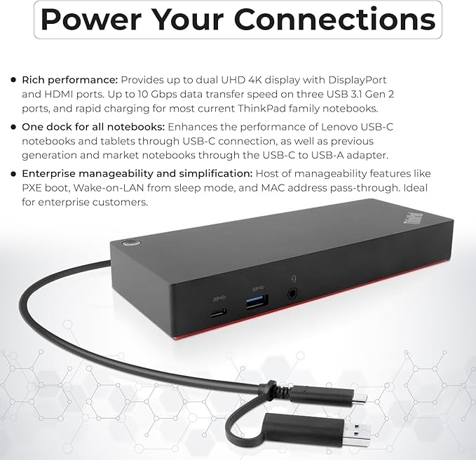 40AF0135US Lenovo Docking Station Dual Monitor Hybrid USB-C with USB-A - 1 Year Warranty, Thinkpad Dock w/ 135W Adapter, HDMI, DisplayPort, USB-C Cable, Cloth - Lenovo Laptop Docking Station