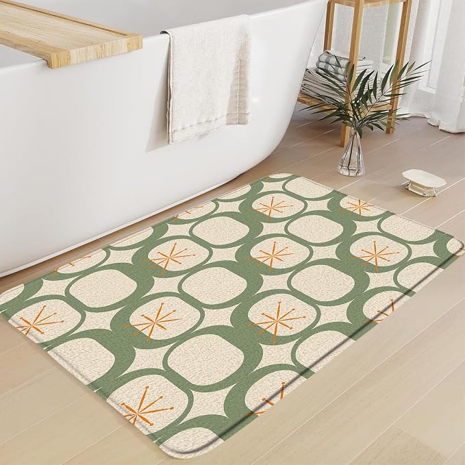 Mid Century Modern Bath Mat Abstract Atomic Geometric Retro 1950s Sage Green Bathroom Kitchen Toilet Rugs,24x36 Inch