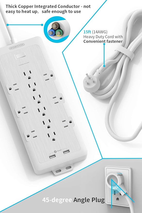 4000 Joules Power Strip Surge Protector, 15 FT Heavy Duty Extension Cord (1875W/15A), 12 Widely Spaced AC Outlets, Overload Protection, Wall Mount, ETL Listed, Ideal for Home, Dorm Essentials, White