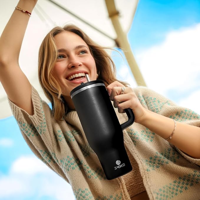 34HD 40 oz Stainless Steel Tumbler - Leakproof Insulated Water Bottle with Handle, Magnetic Lid and Flexible Straw - Iced for 48 Hours – Perfect for Men, Women, Birthday Gift, Black - Midnight Onyx