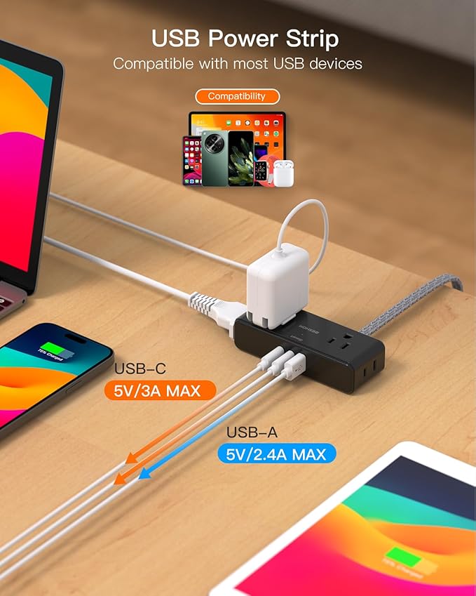 Extension Cord 10 ft, BESHON Flat Plug Power Strip, 4 Widely Outlets with 3 USB Ports (2 USB C), Extension Cord with Multiple Outlets for Home, Office, Dorm Room Essentials, Black