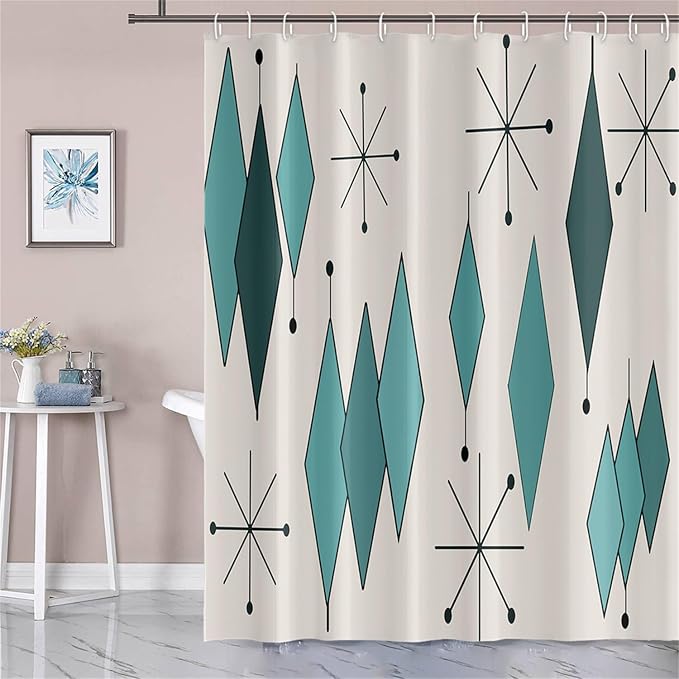Mid Century Turquoise Shower Curtain Abstract Teal Diamond Geometric Atomic Starburst Pattern Beige Backdrop for 1950s Retro Bathroom Decor Shower Curtain Set with 12 Hooks, 60x72 Inches