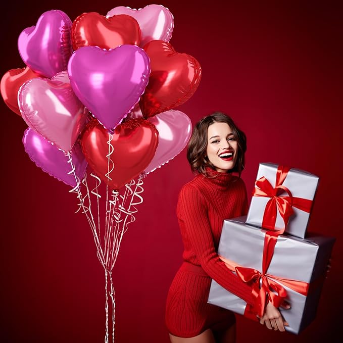 Hot Pink Foil Heart Balloons, 12 Pcs 18 Inch Mylar Heart Shaped Pink & Red Party Decoration for Birthdays, Weddings, Anniversaries, Valentine's Day