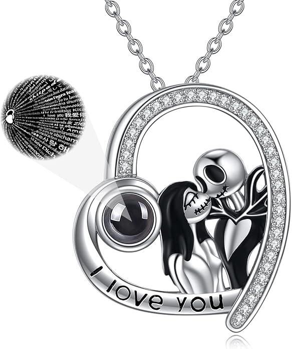 LILALO Christmas Gifts Nightmare Necklace Sterling Silver Abalone Shell Crystal Jack and Sally Necklace Jack Skellington Skull Jewelry Skull Necklaces for Women