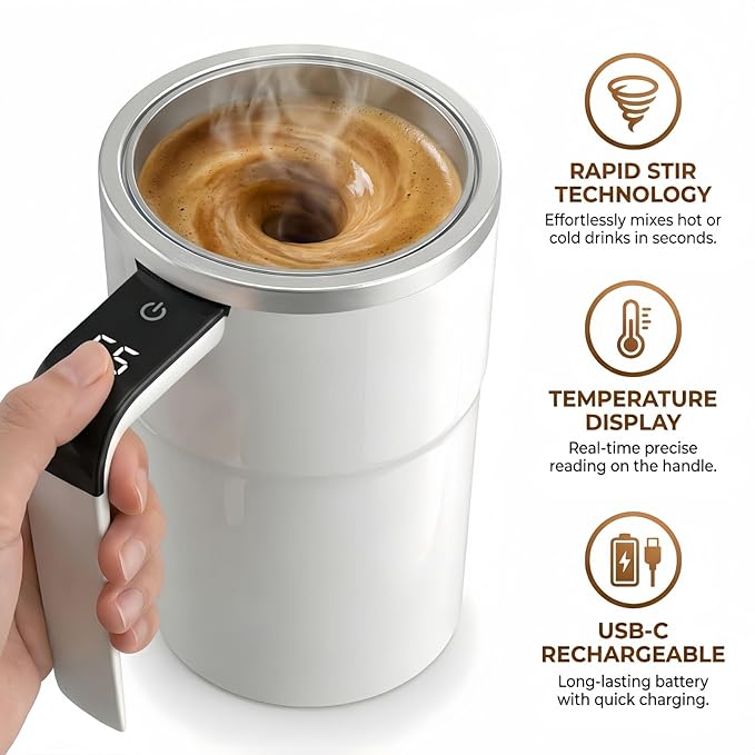 Automatic Magnetic Stirring Coffee Mug with Temperature Display, Rechargeable Self Stirring Mug, Portable Coffee Mug for Home Office Travel (Black)