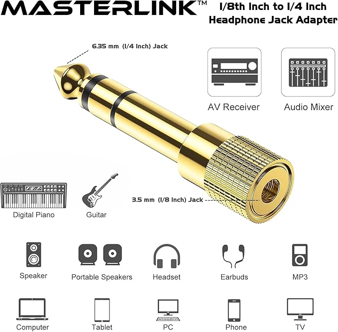 MASTERLINK 1/8” (1/4 inch) Male to 3.5mm (1/8 inch) Female Stereo Audio Jack Adapter for Aux Cable, Guitar Amplifier, Headphone, 2 Pack