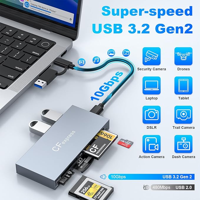 8 in 1 CFexpress Type B Card Reader, 10Gbps Multi CF Express Reader for CFexpress Type B/CF/XD/MS/TF/SD Reader, CFexpress Adapter Memory Card Reader with USB Gen 3.2 * 2 for Windows/Mac/Linux/Android