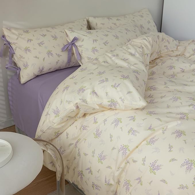 Queen Comforter Set White Purple Floral Bedding Comforter Garden Style Lilac Flower Comforter with 2 Bow Ties Pillowcases Fluffy Girls Floral Bedding Set Vintage Flower Botanical Comforter Set Queen