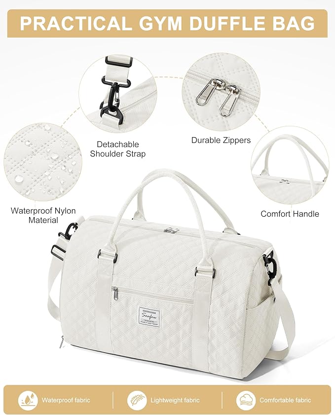 Gym Duffle Bag for Women with Shoe Compartment Waterproof Travel Tote Bags Personal Item Carry On Weekender Overnight Bags with Toiletry Bag Swimming Yoga Bags Hospital Holdalls Beige