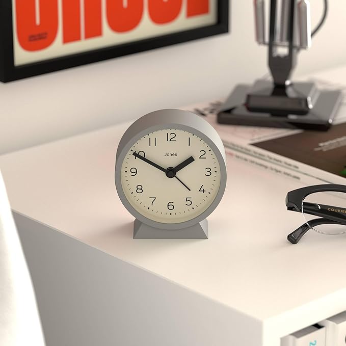 JONES CLOCKS® Midnight mini Alarm Clock | Contemporary Design | Gray | Stylish, Compact and Functional for Bedside, Desk or Shelf