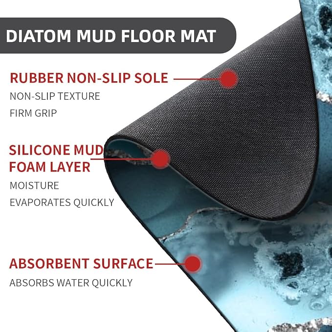 Diatomaceous Earth Bath Mat,Blue and Silver Marble Non-Slip Volume Super Absorbent Fast Drying for Bathroom Kitchen Door mat,Eco-Friendly Easy to Clean 16×24Inch (40 * 60cm)