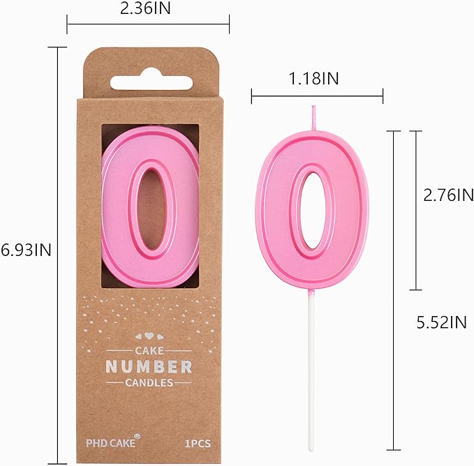 PHD CAKE 2.76 Inch Luxe Pink 0 Number Birthday Candles, Pink Number Candles, Cake Number Candles, Party Celebration