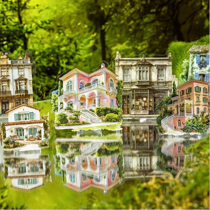 Dwpetzo 6 Pack 180Pcs Nature Scenery Tree House Cottage Castle Manor Scene Stickers for Journaling, Transparent PET Stickers for Scrapbooking, Junk Journal Supplies, Bujo, Collage