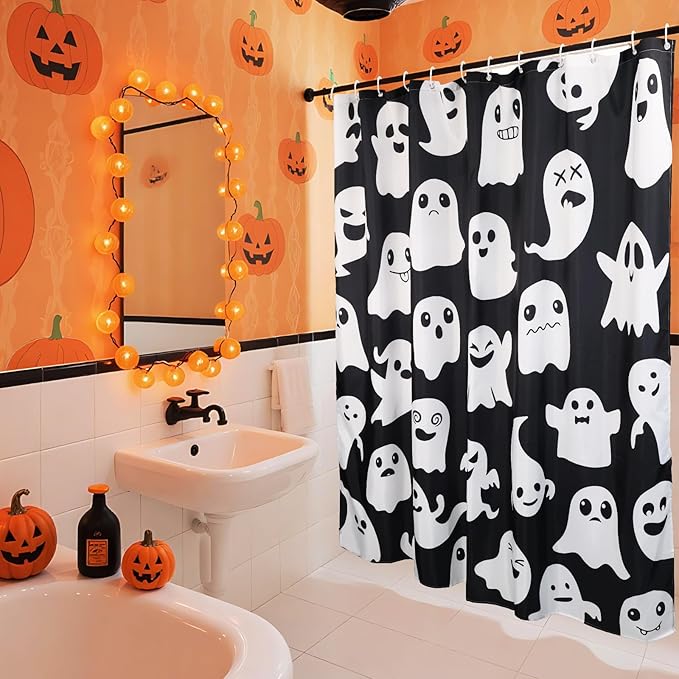 Halloween Shower Curtain, Spooky Cute Ghosts Cartoon Print, Black & White Fabric Bathroom Decor for Boys, Trick or Treat - Includes 12 Hooks and Ghost Decorations, 72x72 Inch