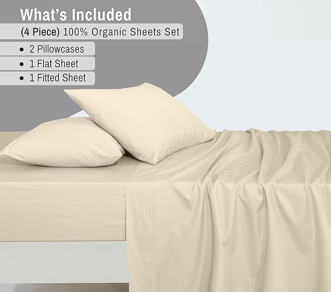 RUVANTI 100% Organic Cotton Sheets California King, Percale Weave, GOTS Certified, 4-Piece Set, Deep Pocket 13", Crisp & Breathable, Soft Durable Bedding, Sábanas Algodón Orgánico – Cloud Cream