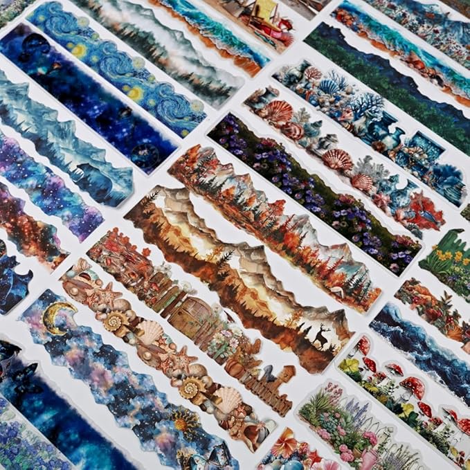 Dwpetzo Large Seasonal Nature Landscape Stickers for Journaling, 60 Sheets Dual Materials Transparent PET and Craft Paper Stickers for Junk Journal, Collage, Aesthetic Crafts Arts