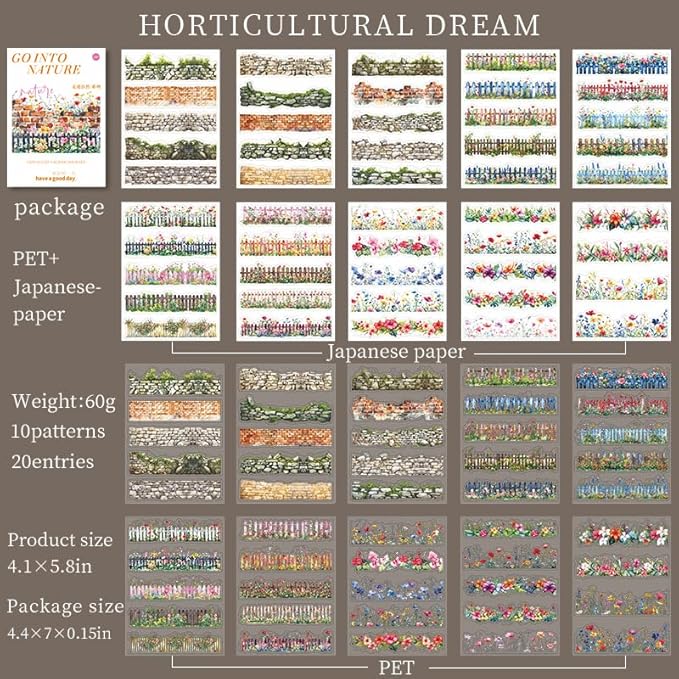 20 Sheets Gardening Scene Pre-Cut Sticker Book for Junk Journal Supplies, Flower Fence Retro Wall Collage Background Journaling Stickers, PET and Washi Stickers for Adults Planner Bujo