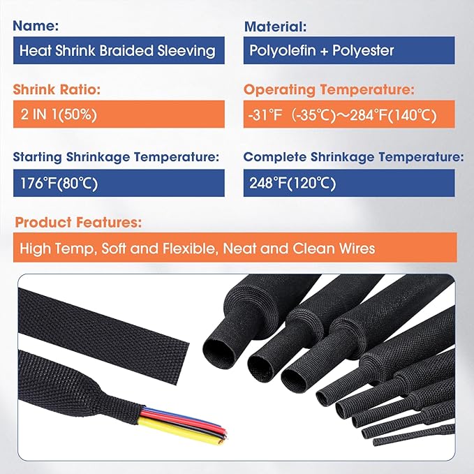 FOURUB 2:1 Heat shrinkable Braided Sleeving Fabric Wire Loom High Temp Heat Shrink Wiring Harness Abrasion Protector Cable Sleeve (2"-27ft)