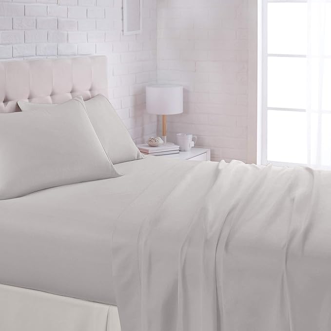 Amazon Basics Lightweight Super Soft Comfortable Easy Care Microfiber 4 Piece Bed Sheet Set with 14-Inch Deep Pockets, Queen, Light Gray, Solid