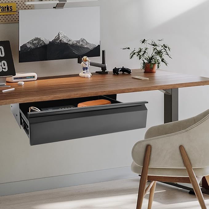 22" Under Desk Drawer Slide Out For Office Desk, Storage Organizer For Sit Stand Workstation, Black