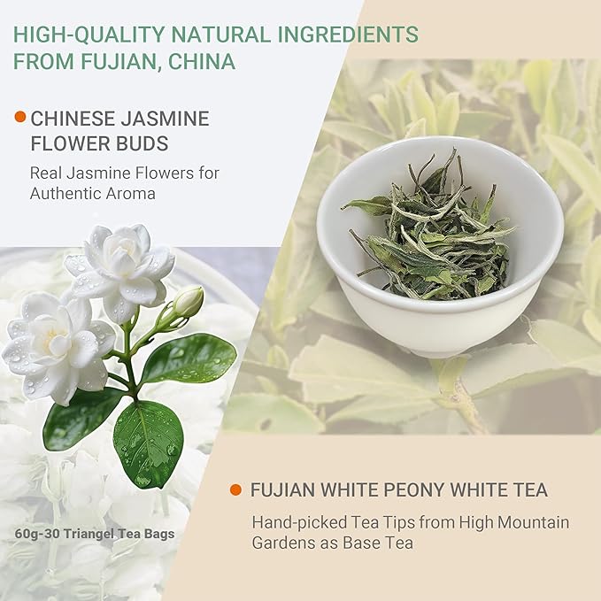ADMIRINGAZELAND Jasmine White Tea Bags - 30 Count Fujian White Peony Leaf & Real Jasmine Flowers Blend with Pyramid Bags, Morning & Afternoon Chinese Tea Gift for Women & Men, 2.1oz