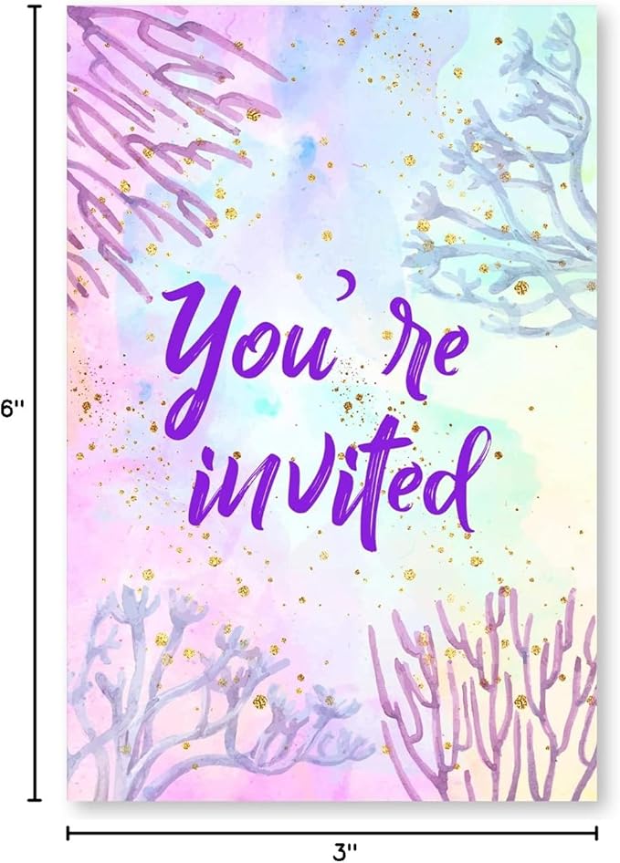 Soiceu Cute Under the Sea Mermaid Birthday Party Invitations with Envelopes Set of 20 Purple Pink Girl Birthday Party Invites