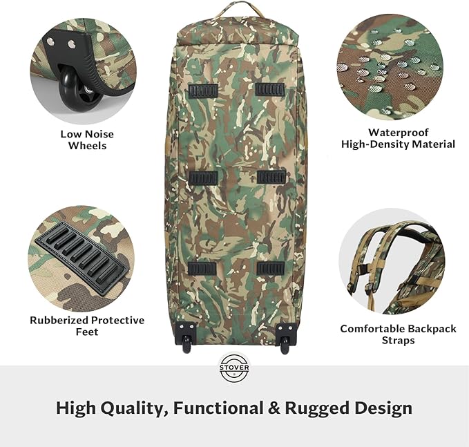 STOVER 100L Rolling Duffel Bag with Wheels, X-Large Durable Travel Duffle + Toiletry Bag, Heavy Duty, Packable with Shoulder Straps- Use as Luggage or Backpack (Camouflage)