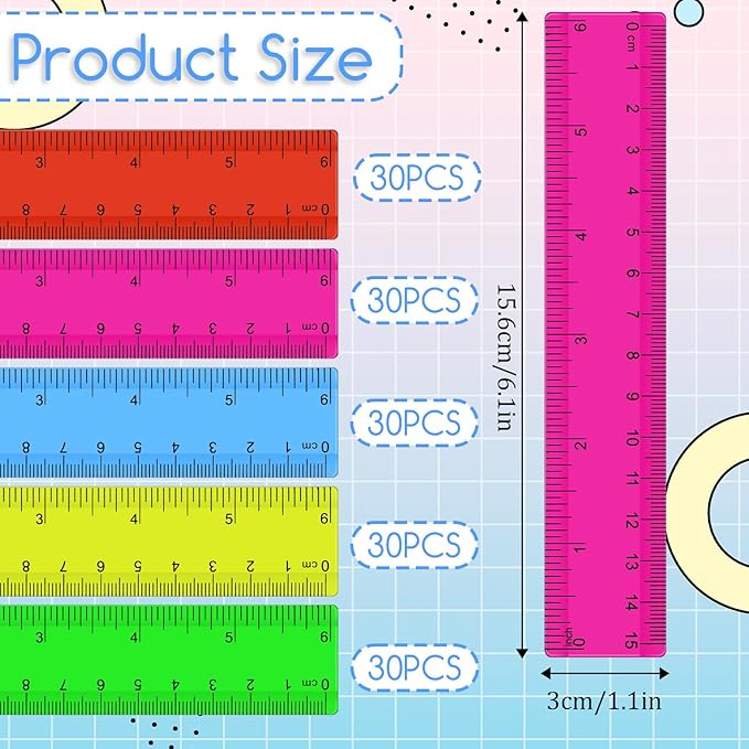 150 Pcs 6 Inch Rulers Bulk, Clear Plastic Assorted Color Metric Rulers with Inches Centimeters Millimeter, Flexible Small Straight Rulers, First Day of School Gift for Students