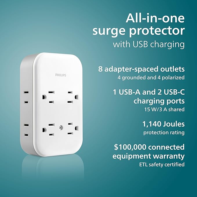 Philips All-in-One Surge Tap with USB, 4 Grounded & 4 Polarized Outlets, 2 USB-C & 1 USB-A Ports, 15W Shared, 1140 Joules, ETL Certified, White/Gray, SPP3155GW/37