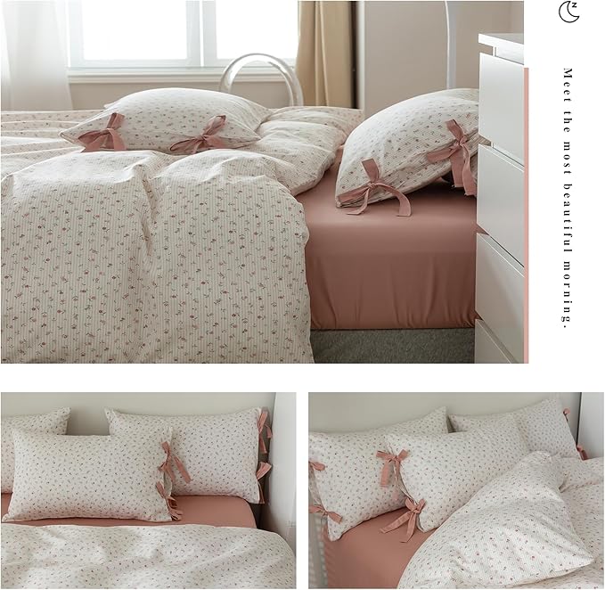 HighBuy Pink Flora Duvet Cover Full Girl Botanical White Flower Coquette Bedding Set Vintage Style Garden Floral Duvet Cover Full with 2 Bowknot Bow Tie Pillowcases Soft Cotton Comforter Cover