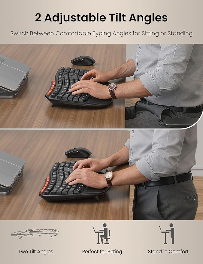 Ergonomic Wireless Keyboard and Mouse Combo, 2.4G Full Size Wave Key Board with Cushioned Palm Rest, Natural Typing, 3 DPI Adjustable Mouse, USB-A & C for Computer/Laptop/Mac/Tablet – Sablute