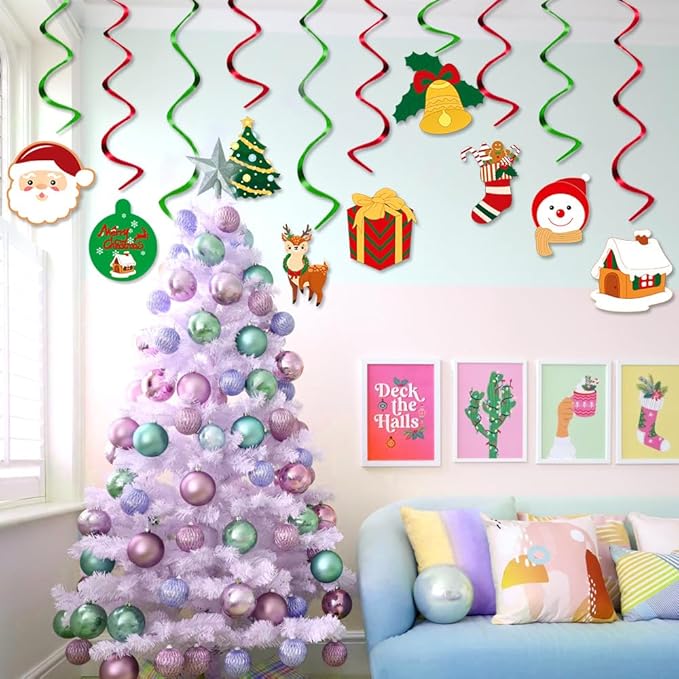 Merry-Christmas Ceiling Hanging Foil-Swirl Decorations - 20pcs Red Green Tree Socks Snowman Santa Claus Elk Gifts Streamers Garland, Fireplace Window Room Indoor Holiday Party Supplies Hugtmr