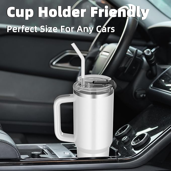 40 oz tumbler with handle and straw,Double Wall Vacuum Reusable Stainless Steel Insulated Water Bottle,With Leak Proof lid and Straw for Iced or Cold Beverages (White)
