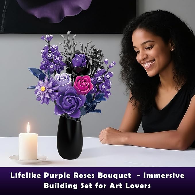 Purple Roses Bouquet Building Blocks Set, Botanical Collection Artificial Flowers Compatible with Lego Flowers, Christmas Decor Gift for Adults Teens Women, Gothic Home Decor Bouquet