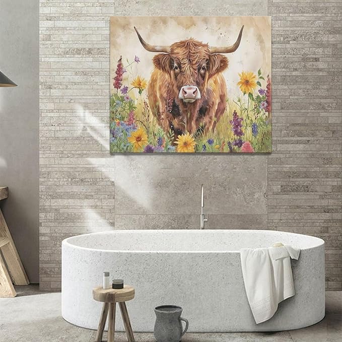 Highland Cow Wall Art Cow Pictures Wall Decor Flora Canvas Prints Painting Framed Artwork Office Home Decor For Bathroom Bedroom Dining Living Room 24L" x 20W"